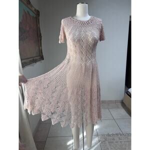Sheer Crochet Lace Dress Beige Fairycore Romantic Vintage Midi S